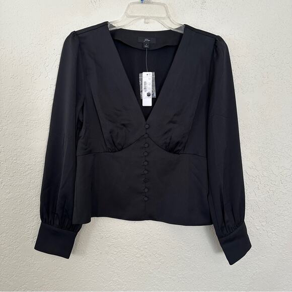 NWT J Crew Deep V Neck Button Front Satin Backed Crepe Black Top 4 - Picture 2 of 7